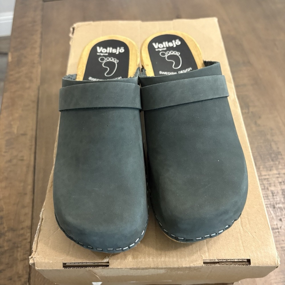 Vollsjo Blue Suede Wooden Clogs Mule Slip On Sweden EU 38 US 8 NEW